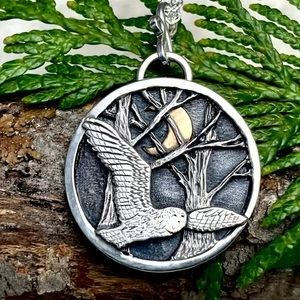 Owl's Flight Crescent Moon and Forest Silver Pendant Necklace